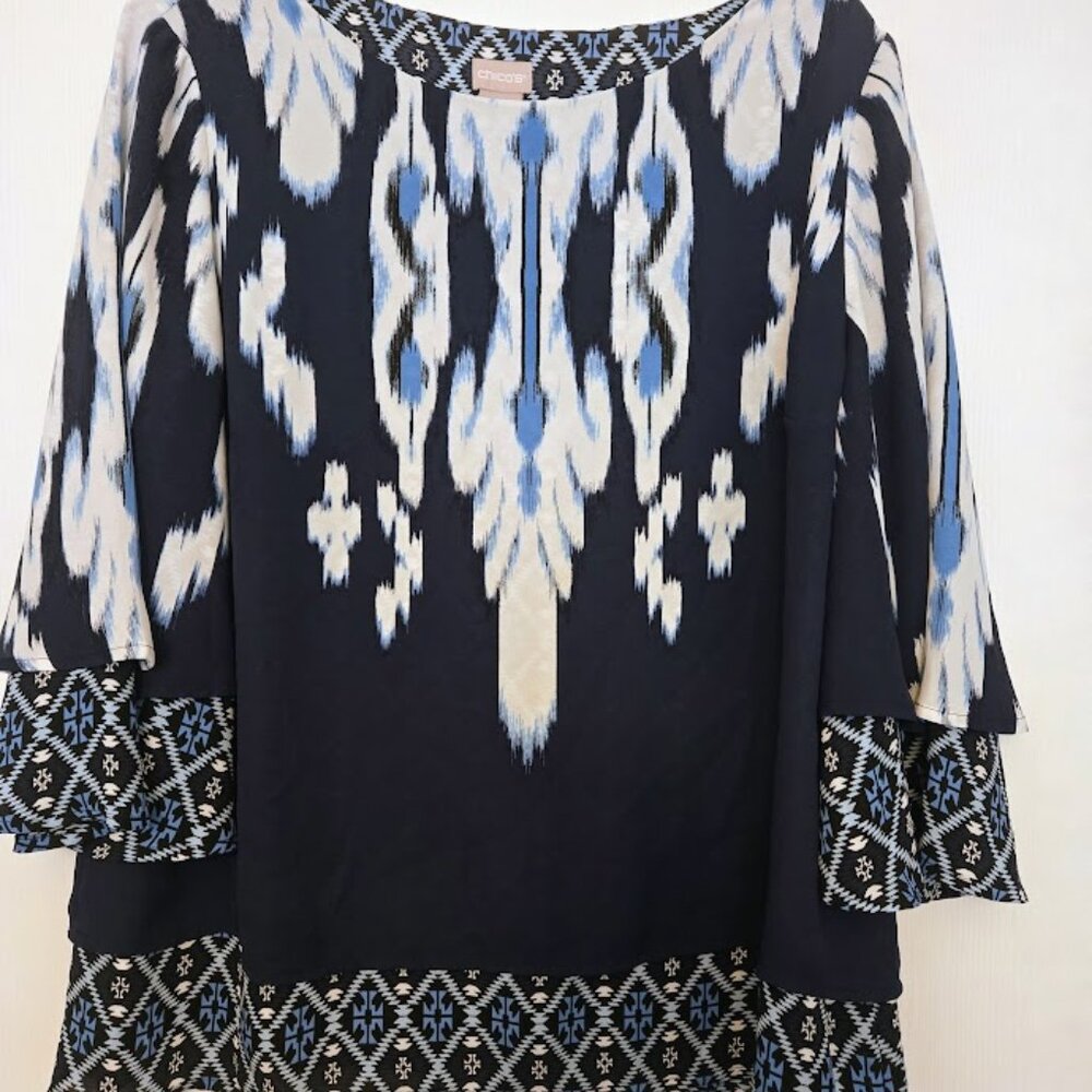 Mixed pattern navy blue Chico's 3/4 sleeve‎ tunic top Size 2/L